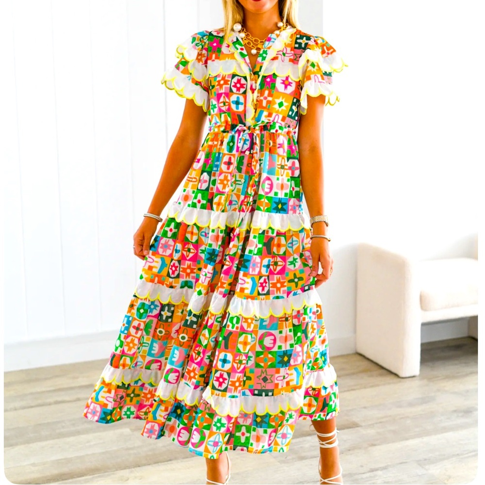 NWT FANCY colorful block print scalloped maxi dress Size L